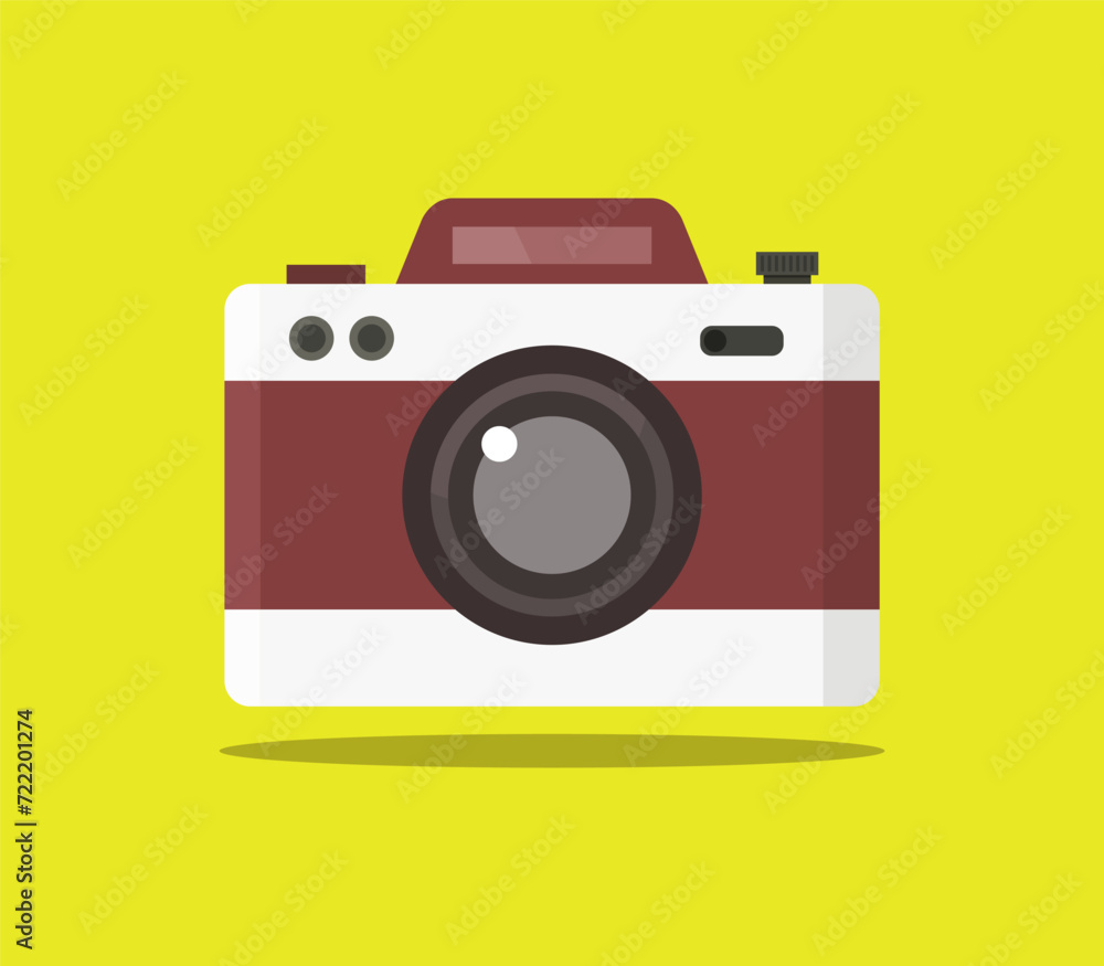 Vector illustration of a retro camera in a flat style with a long shadow on a yellow backdrop. Vector illustration of a retro camera in a flat style with a long shadow on a yellow backdrop.