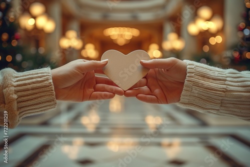Two hands exchanging heart-shaped key cards in a luxury hotel photo
