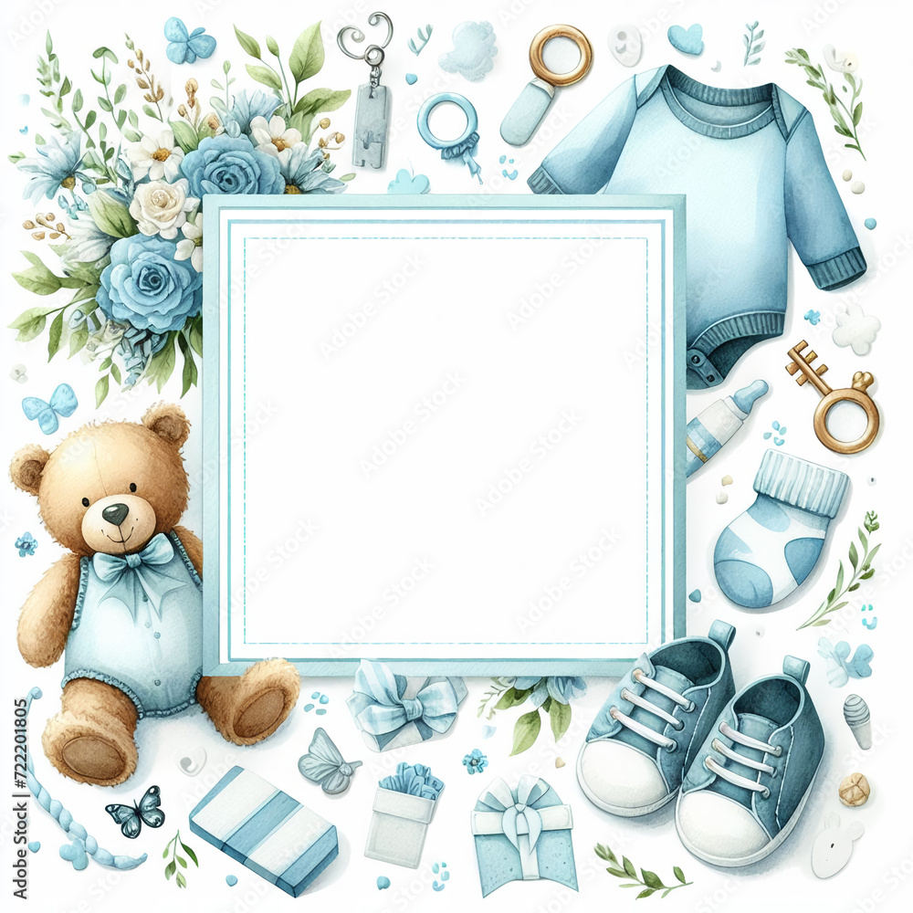Baby Shower card background frame, Watercolor illustration with white