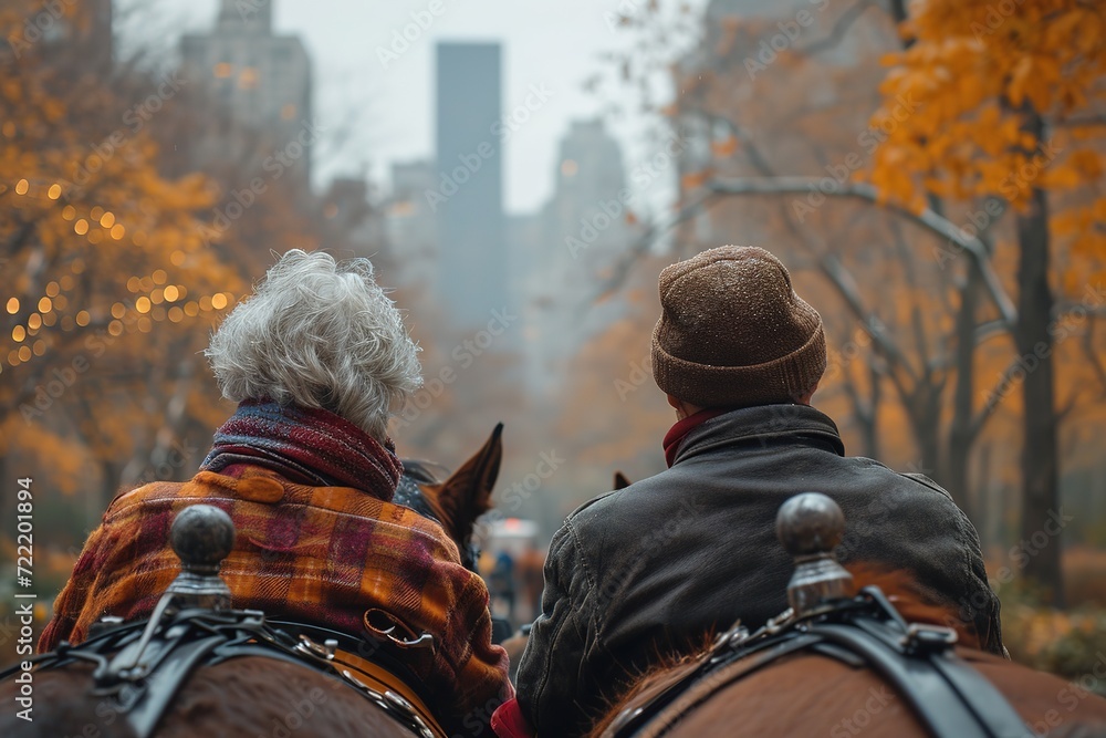 Two people enjoying a scenic horse-drawn carriage ride through a city