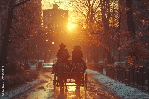 Two people enjoying a scenic horse-drawn carriage ride through a city