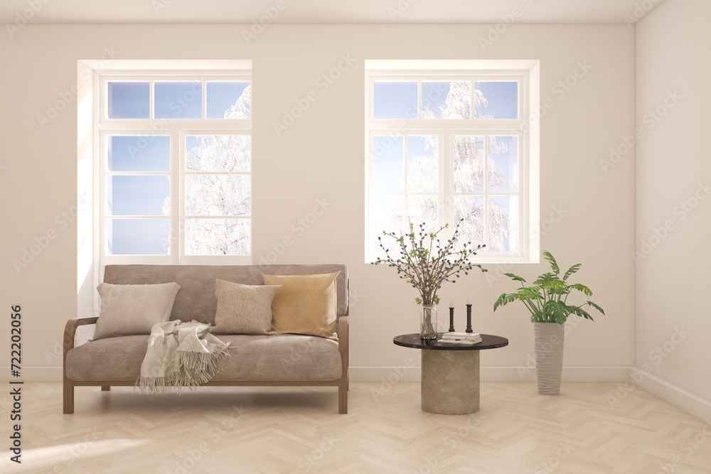 Naklejka premium White living room with sofa and winter landscape in window. Scandinavian interior design. 3D illustration