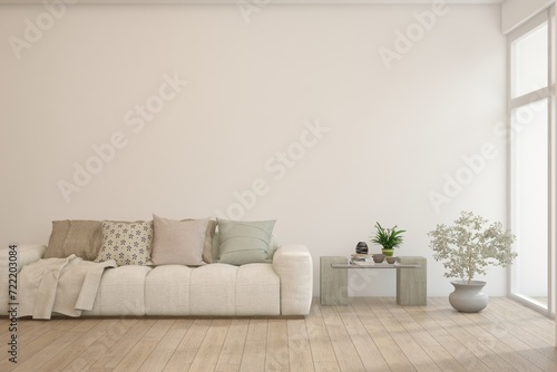 White living room with sofa. Scandinavian interior design. 3D illustration