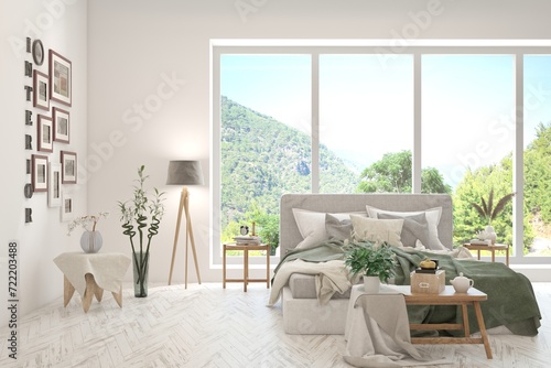 White bedroom interior design with summer landscape in window. Scandinavian interior design. 3D illustration
