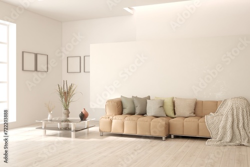 White living room with sofa. Scandinavian interior design. 3D illustration