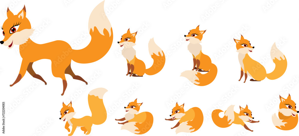 Funny collection of red foxes in different poses. Emotional little animal. Cartoon animal character design. Flat vector illustration