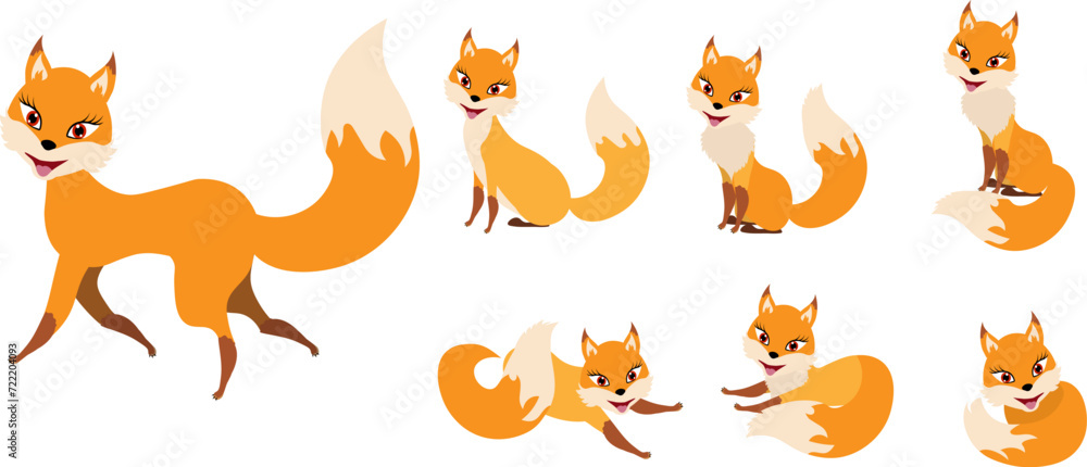 Funny collection of red foxes. Emotional little cheerful animal. Cartoon animal character design. Flat vector illustration