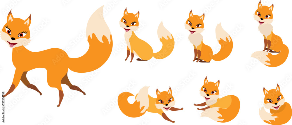 Funny collection of red foxes. Emotional little cheerful animal. Cartoon animal character design. Flat vector illustration Funny collection of red foxes. Emotional little cheerful animal. Cartoon animal character design. Flat vector illustration