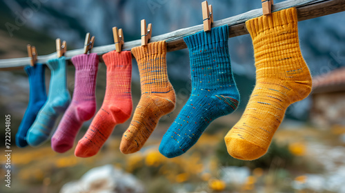 Hanging Socks in Vibrant Hues. Choreography of Colors