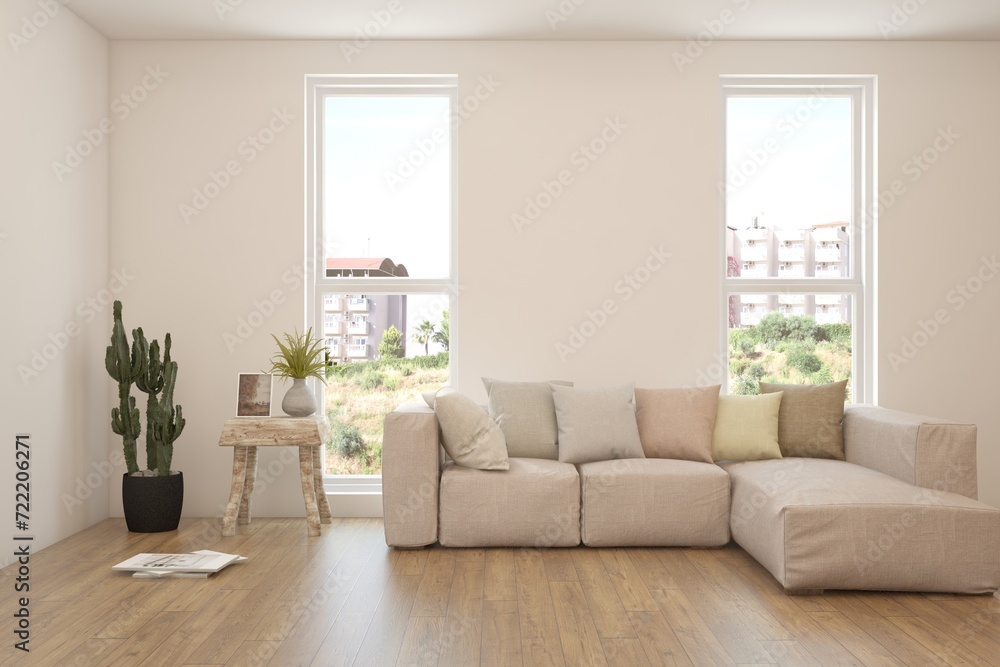 Fototapeta premium White living room with sofa. Scandinavian interior design. 3D illustration