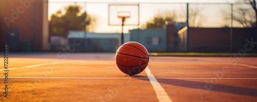 A basketball on an amazing empty basketball court.