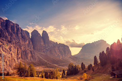 Mountain landscape background. Rocks against the sunset sky. The Dolomites in South Tyrol, Italy Europe. Piz Boe, Langkofel, Sassolungo photo