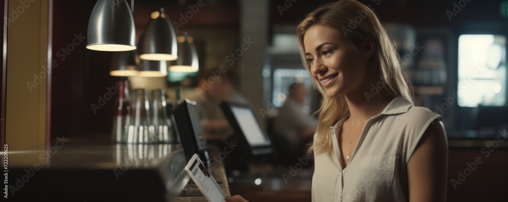 Portrait of a pretty young smiling waitress in a restaurant. Portrait of a pretty young smiling waitress in a restaurant.