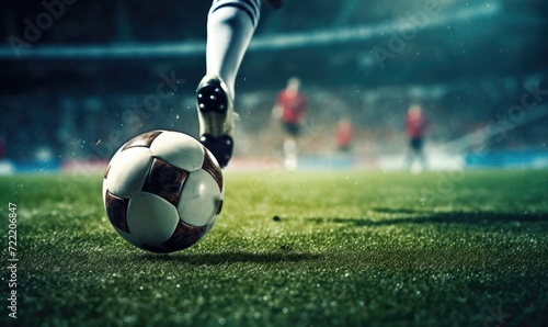 Foot of soccer player kicking football ball on amazing grass stadium.