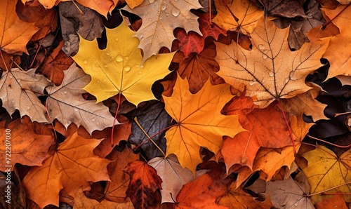 Colorful leaves are scattered around on the ground  large scale  top view  detailed texture. Autumn wallpaper.