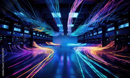 In the fiber optic room, the fiber optic cables are arranged neatly, neon lights.