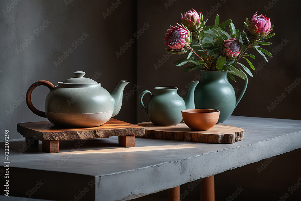 Fototapeta premium Ceramic vase with bouquet of proteas and ceramic teapots. Minimalist interior with live edge concrete countertop. Sunlight and long shadows. Interior elements