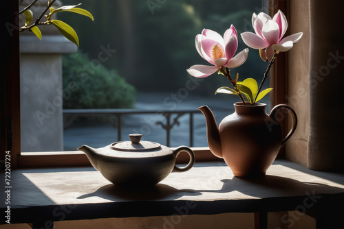 Minimalist interior with live edge concrete countertop. Ceramic vase with magnolia branch and ceramic teapot. Ceramist's workshop. Sunlight and long shadows. Interior elements