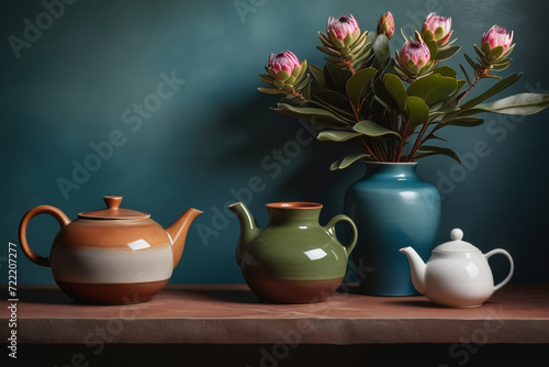 Ceramic vase with bouquet of proteas and ceramic teapots. Minimalist interior with live edge concrete countertop. Sunlight and long shadows. Interior elements