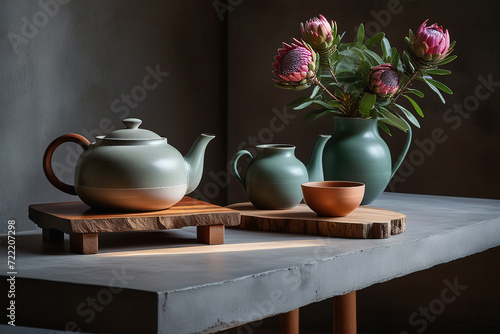 Ceramic vase with bouquet of proteas and ceramic teapots. Minimalist interior with live edge concrete countertop. Sunlight and long shadows. Interior elements