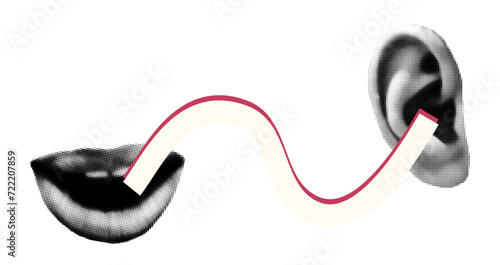 Trendy elements for collage. Halftone human mouth talking to ear, copy space for text. Cutout magazine shapes, connection, communication concept. Modern retro grunge vector illustration