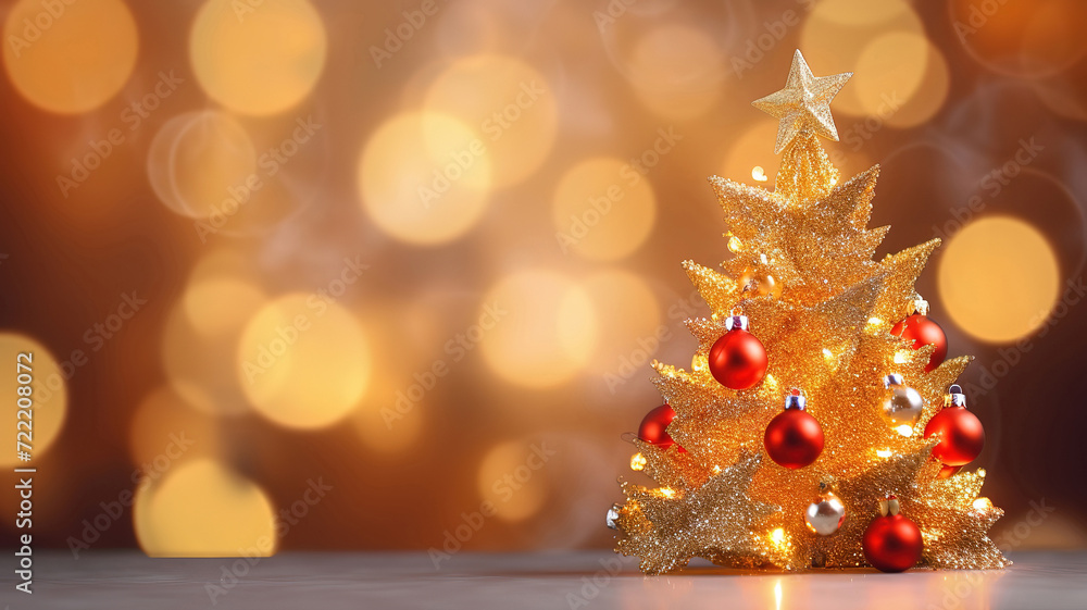 Decorated christmas tree on wooden table and blurred background, Copy space