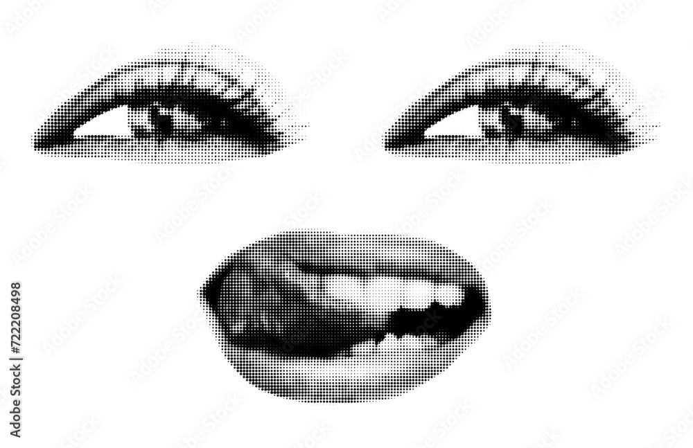 Fototapeta premium Halftone art collage female face on transparent background. Cut out of magazine shapes, smiling woman's eyes and licking mouth. Modern retro grunge punk vector illustration