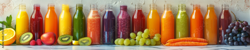 l organic smoothies in clear glass bottles, each with different vibrant fruits and vegetables visible, against a pure white background, showcasing minimalism and freshness. Created Using: high-resolut l organic smoothies in clear glass bottles, each with different vibrant fruits and vegetables visible, against a pure white background, showcasing minimalism and freshness. Created Using: high-resolut