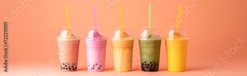 Cups with straws of bubble boba milk tea in a row on peach background. Banner for restaurant