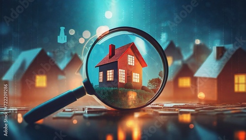 house under a magnifying glass with coins on the background  photo