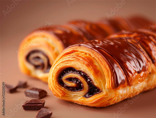 Chocolate swirl croissants with glossy topping and chocolate pieces. Bakey, morning coffee, French pastry concept photo