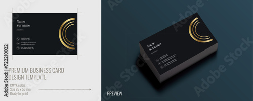 Vector business card design with black background and golden arc, visiting card template, cutaway mockup, calling card ready for printing, identification card with icons for contact information