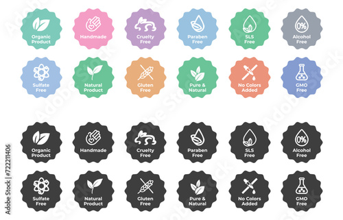 Handmade packaging icon Cruelty Free Paraben Free icons Sulfate Free Gluten GMO No Colors Added Food packaging icon. Natural Product Organic Packaging badge Icon symbols stock set illustrations