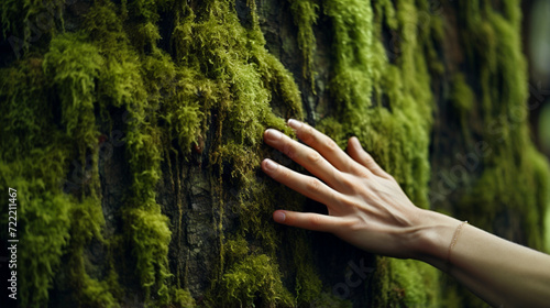 Gentle touch on a mossy tree bark in the forest. Generative AI