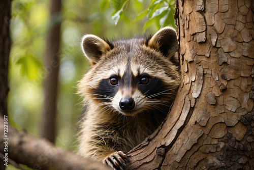 raccoon hiding behind trees forest background
