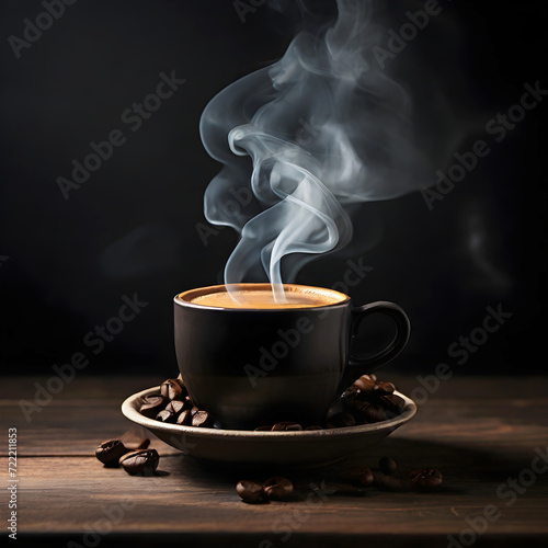 A cup of coffee with smoke on a wooden table on dark background