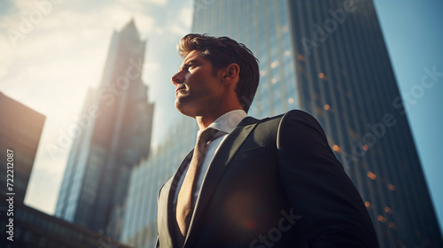Confident businessman looking towards the future. City background. Generative AI