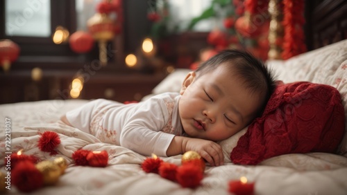 Adorable sleeping baby on bed with Chinese New Year Background