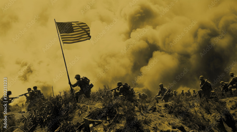 US Army Soldiers with Flag, Historic Freedom Fight, Generative AI