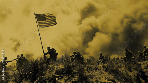 Obraz na płótnie US Army Soldiers with Flag, Historic Freedom Fight, Generative AI w salonie