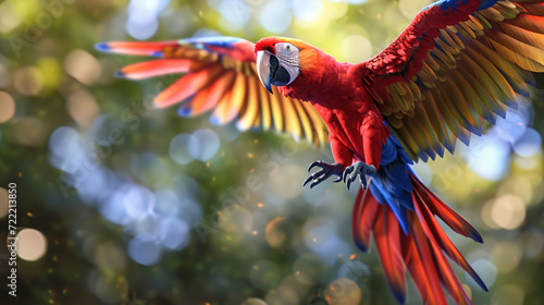Colorful macaw parrot in flight against the backdrop of a tropical beach. © Alexandr_DG