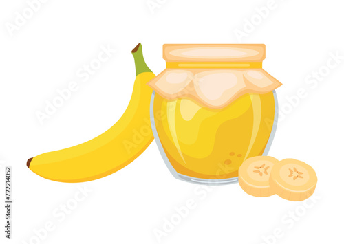 Banana jam in glass jar and fresh banana fruit vector illustration. Glass of banana marmalade design element. Banana jam jar icon set isolated on a white background