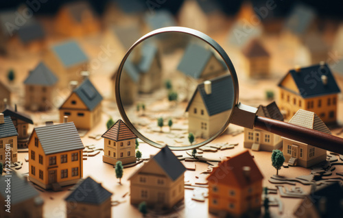 Hand holding magnifying glass and looking at house model, real estate concept, house selection, generative AI photo