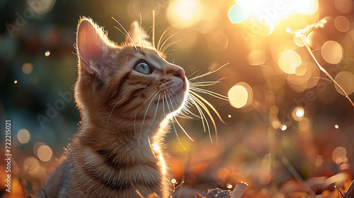 simpatico sfondo con gattino curioso con sfondo sfocato ed effetti bokeh, wallpaper con cucciolo di gatto e luce radiosa,  photo