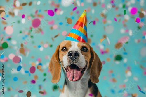 realistic shot of a joyful beagle wearing party hat © Pter