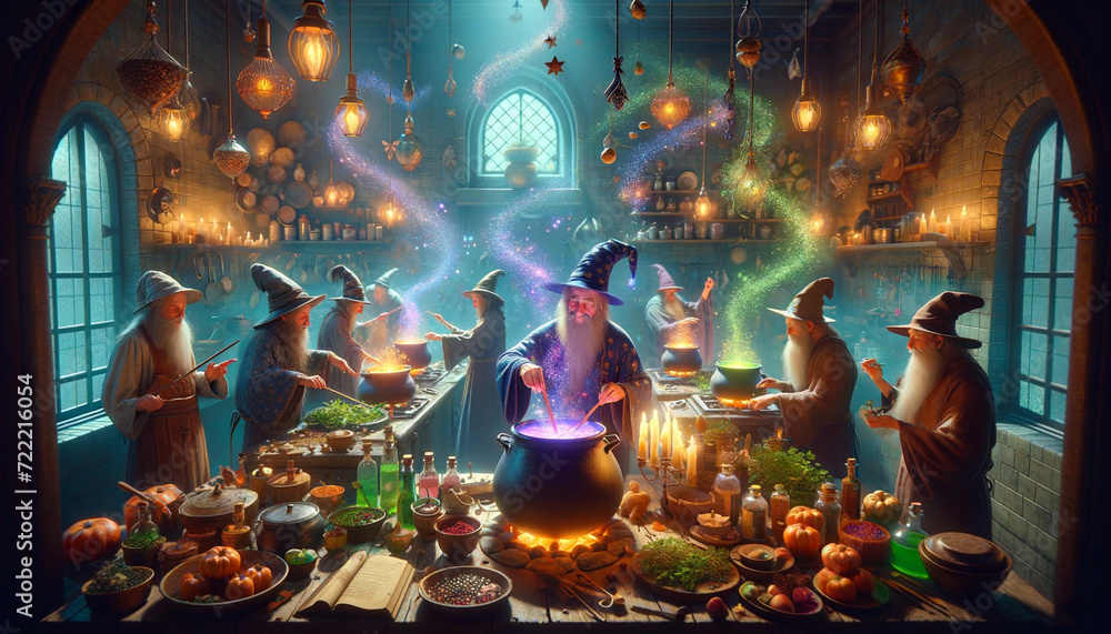 an illustration of Cooking with Wizards: A kitchen where wizards are preparing magical dishes, with ingredients floating in the air and cauldrons bubbling with colorful potions.
