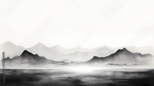 A black and white minimalist depiction of a desert landscape through delicate ink strokes, conveying a sense of solitude and purity
