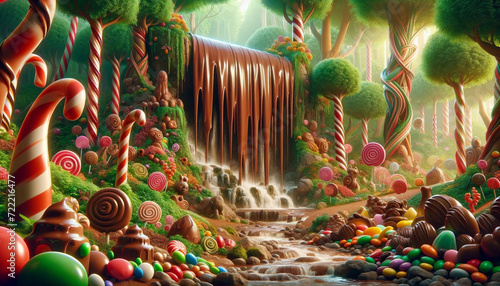 Illustration of chocolate waterfall in candy land