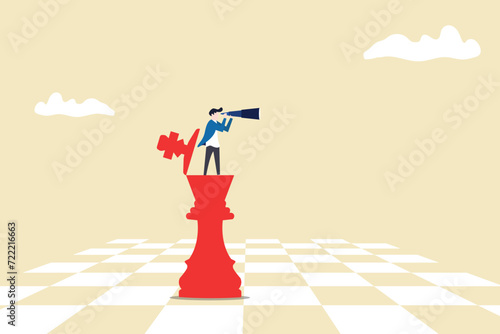 Businessman with telescope on king chess. concept of Search for business target or goal, opportunity, mission to achieve, discover purpose or find strategy to reach goal