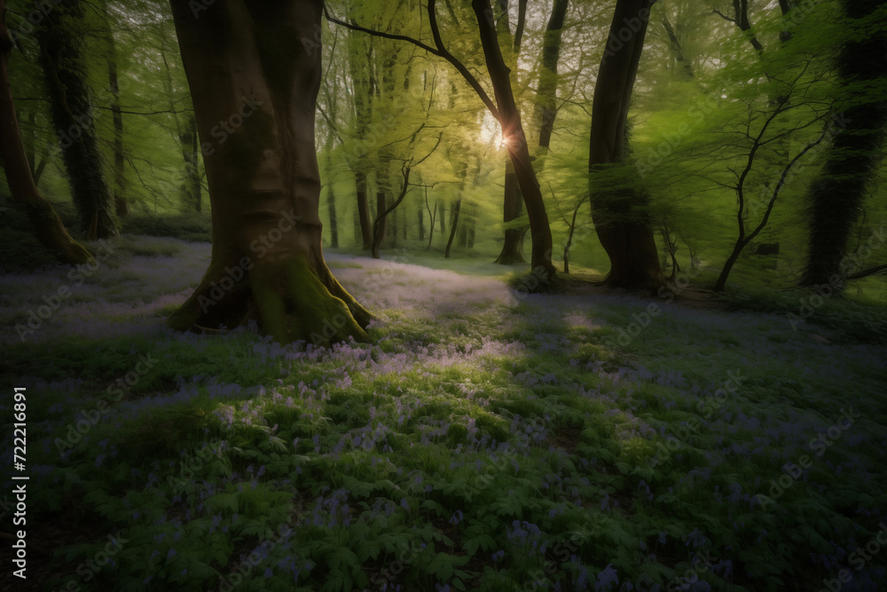 Fototapeta premium An enchanting woodland illuminated by the soft glow of fireflies, surrounded by a carpet of blooming bluebells